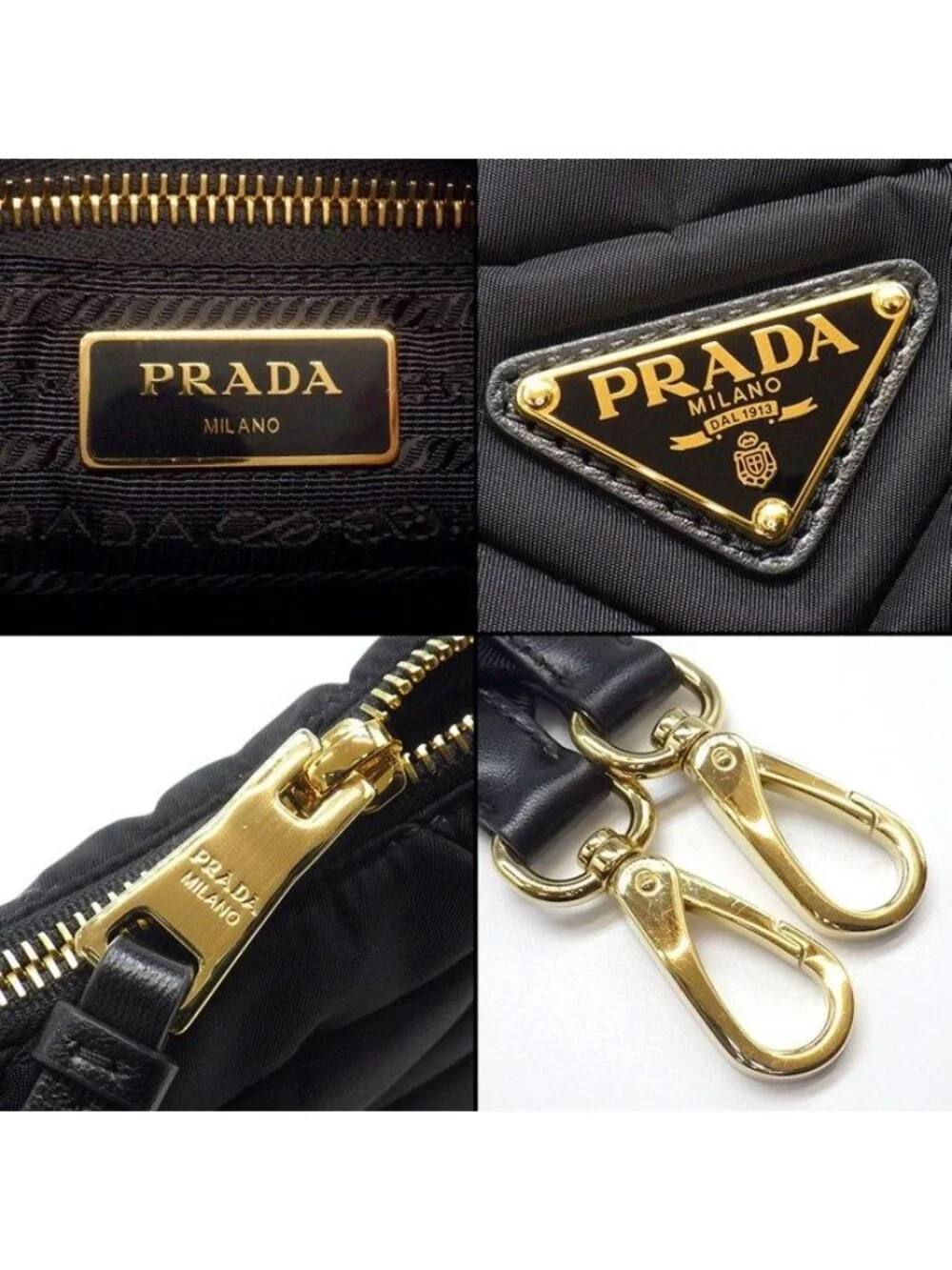 Prada Shoulder Bag Patted Quilted Re-Nylon Black Recycled Polyamide Gold